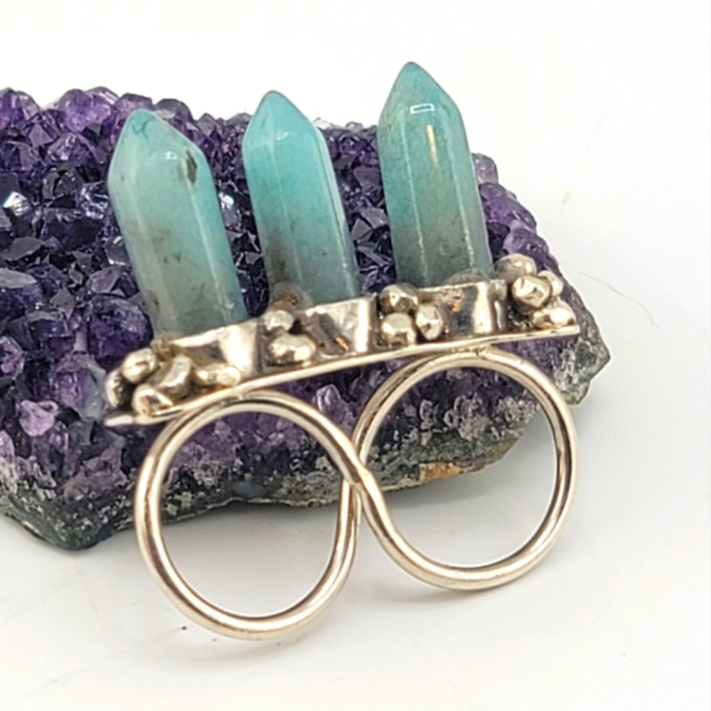 3 SPIKES AQUAMARINE DOUBLE RING BAND HANDMADE IN STERLING SILVER METAL 8.5 & 7.5 - Picture 7 of 11
